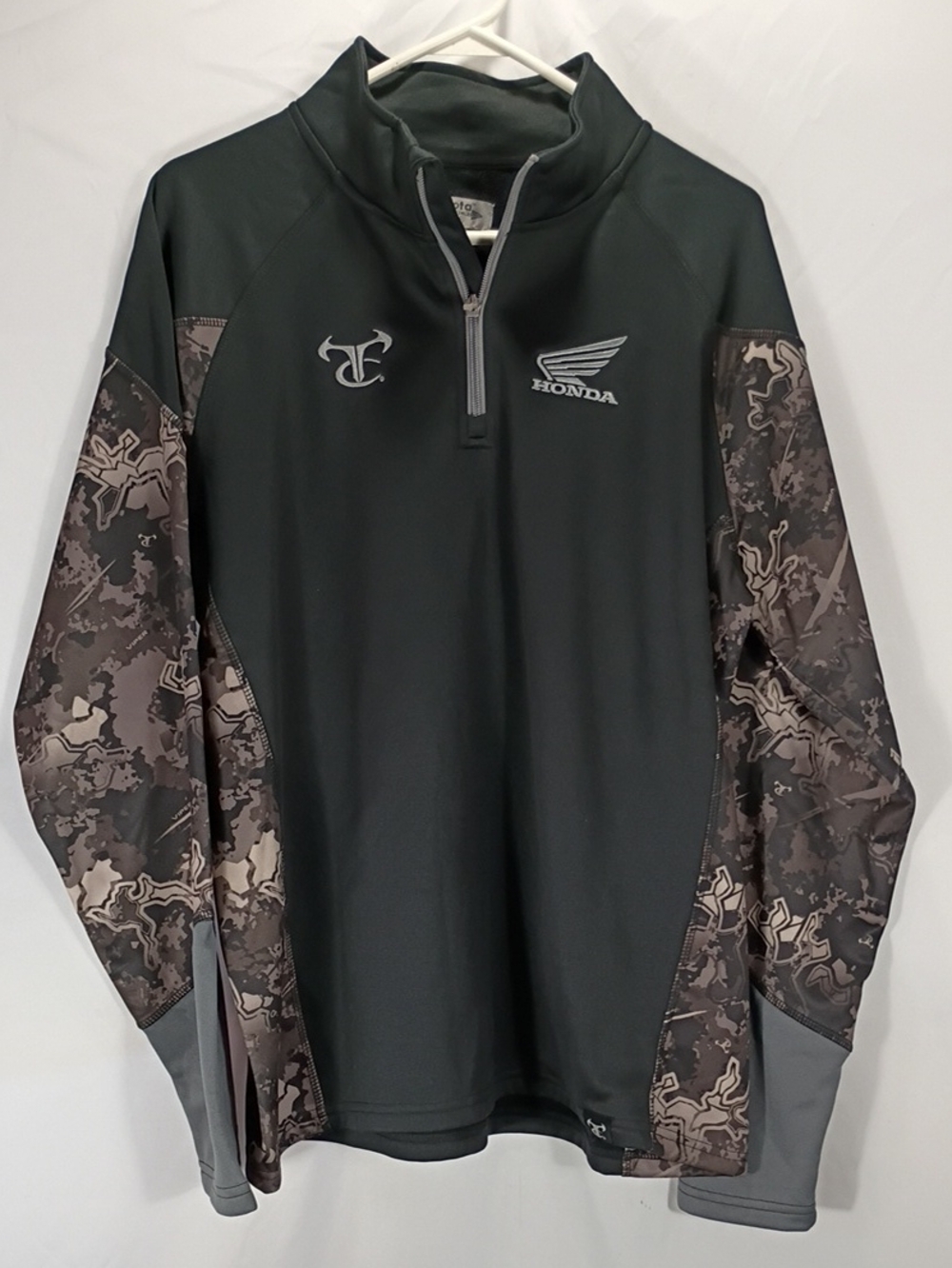 EUC LaKota Honda Viper Black Quarter-Zip Performance Pullover Camo Sleeve Sz Lg